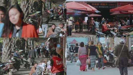 云南德宏中国缅甸边境商贸街边集市民众棕榈高清在线视频素材下载