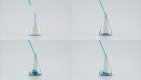 白色背景下向锥形瓶内倾倒的蓝色液体高清在线视频素材下载