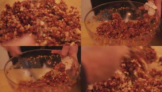 【镜头合集】香菇猪肉调制馅料高清在线视频素材下载