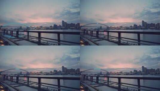 4k上海傍晚日落后面的南浦大桥卢浦大桥夜景高清在线视频素材下载