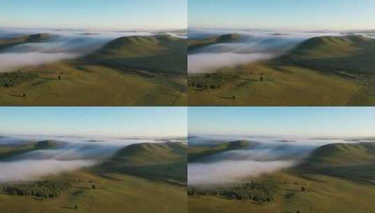 航拍 乌兰布统草原的晨雾 草原晨雾高清在线视频素材下载