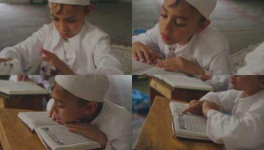 伊斯兰儿童翻阅书籍的特写镜头高清在线视频素材下载