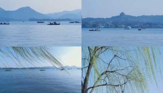 杭州西湖春天柳树游船烟雨江南4K视频合集高清在线视频素材下载