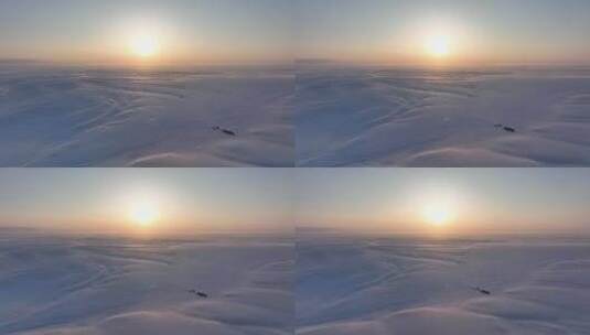 航拍4K冬天草原雪景日落高清在线视频素材下载
