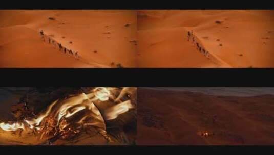 FPV无人机航拍骆驼商队行走在沙漠中日落火高清在线视频素材下载