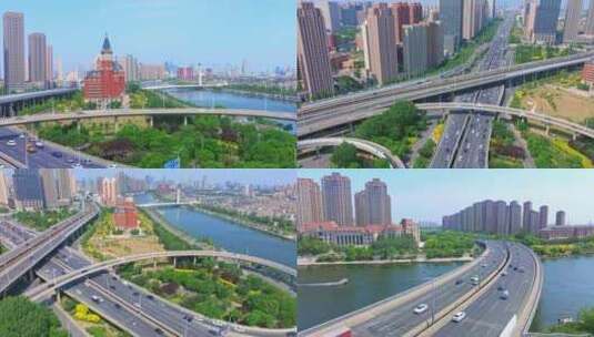 天津地标海河风景航拍海津大桥城市建设车流高清在线视频素材下载