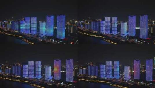 长沙夜景航拍开福区万达广场湘江灯光秀风光高清在线视频素材下载