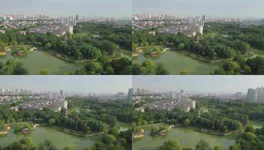 航拍淄博市人民公园高清在线视频素材下载