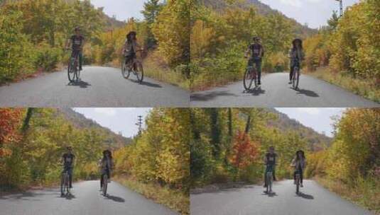 旅行者夫妇在大自然中骑自行车高清在线视频素材下载