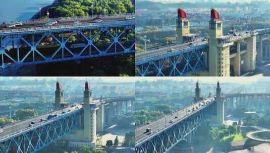 航拍清晨南京长江大桥日出车流铁路紫峰高清在线视频素材下载