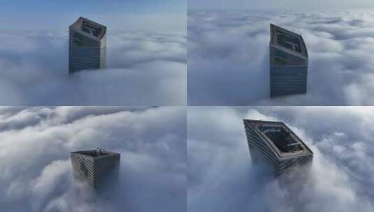 4K 航拍沈阳摩天大楼云海平流高空高清在线视频素材下载