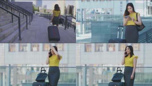 女人在机场中行走并拉着手提箱高清在线视频素材下载
