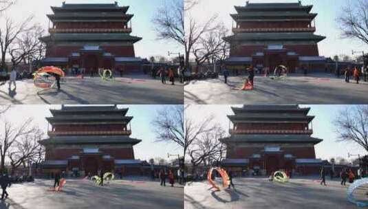 北京冬天钟鼓楼人文景观舞龙表演高清在线视频素材下载