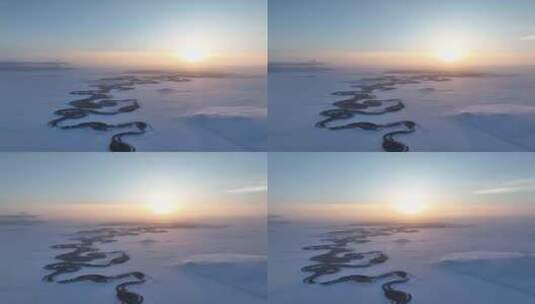 银色草原蜿蜒冰封河流暮雪高清在线视频素材下载