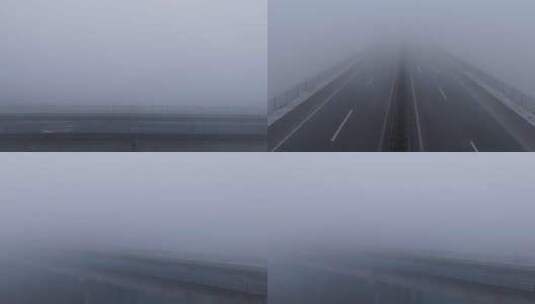 雾天封路高速空镜航拍高清在线视频素材下载