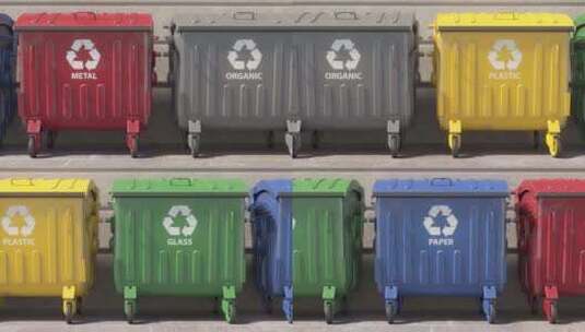 回收不同颜色的垃圾箱进行垃圾分类生态绿色高清在线视频素材下载