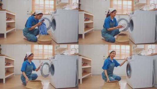 亚洲年轻女清洁工把脏衣服放在家里的洗衣机高清在线视频素材下载