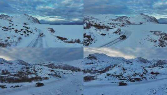 挪威罗弗敦群岛北极圈雷纳冬季雪景高空航拍高清在线视频素材下载