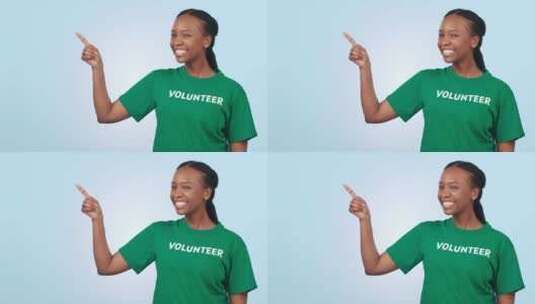 黑人女性志愿者，指向模型空间，在蓝色背景高清在线视频素材下载