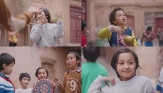 新疆古城 喀什 小孩子 笑脸 玩耍跳舞高清在线视频素材下载