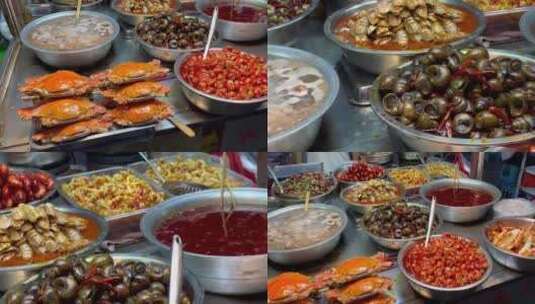 夜市海鲜田螺卤味菜品快速展示高清在线视频素材下载