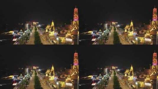 芒市傣族古镇夜景航拍高清在线视频素材下载