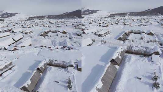 航拍新疆禾木雪景森林雪地小木屋禾木桥雪山高清在线视频素材下载