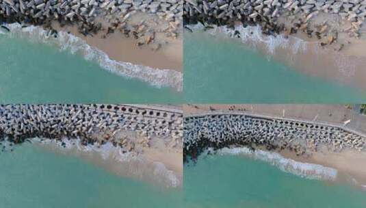 俯视航拍海浪沙滩防浪高清在线视频素材下载