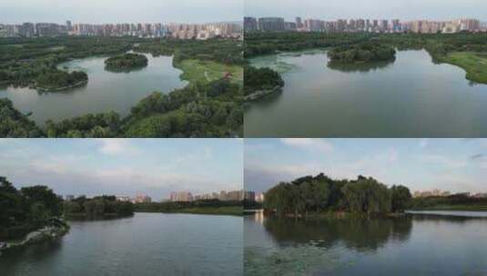 西安大明宫遗址公园太液池景区航拍高清在线视频素材下载