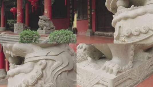 院子阁楼前坐落的石狮子雕像高清在线视频素材下载