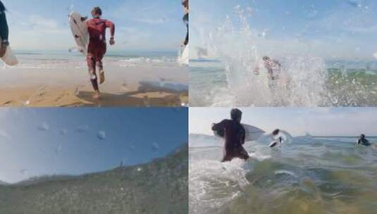 几个小伙子拿着冲浪板跑向大海冲浪高清在线视频素材下载