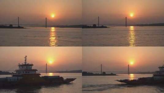 汽渡轮船傍晚夕阳落日过江航行高清在线视频素材下载