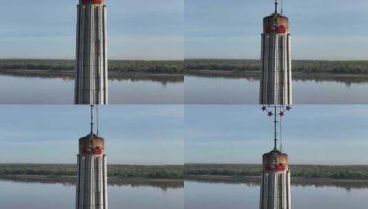 佳木斯城市风光防洪纪念塔航拍高清在线视频素材下载
