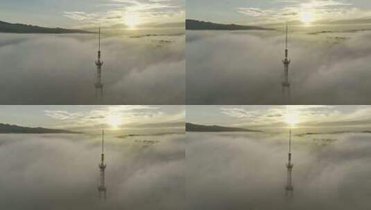 信号塔在云端 云海之上 日出东方云海翻腾高清在线视频素材下载