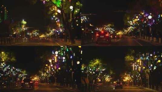 九江市滨江路夜晚道路景观街道树上装饰灯饰高清在线视频素材下载