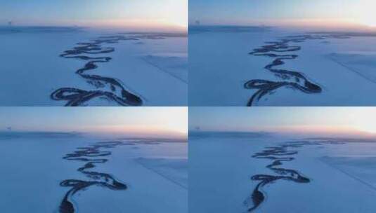 银色草原蜿蜒冰封河流暮雪高清在线视频素材下载