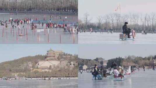 北京颐和园冰场冬季滑冰车高清在线视频素材下载