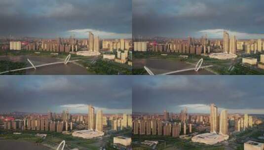 日落时航拍南京城市天际线高清在线视频素材下载