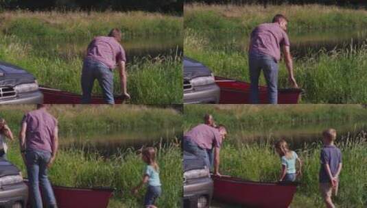 爸爸把船放到湖边儿子和女儿坐进小船里高清在线视频素材下载