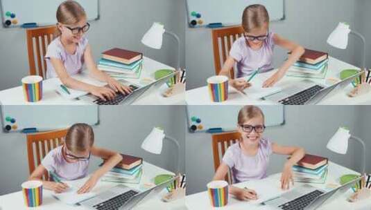 女孩在书桌前玩笔记本电脑高清在线视频素材下载