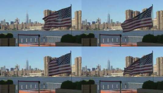 挂美国国旗的曼哈顿天际线高清在线视频素材下载