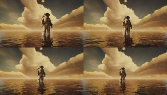 日落时分云层下的海上宇航员3d渲染高清在线视频素材下载