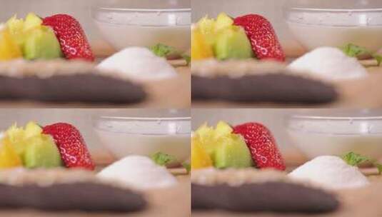 制作甜品原料酸奶水果燕麦饼干碎高清在线视频素材下载