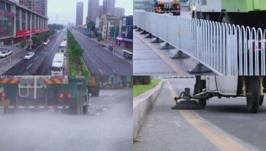 环卫车辆作业 洒水车扫地车城市清洁高清在线视频素材下载