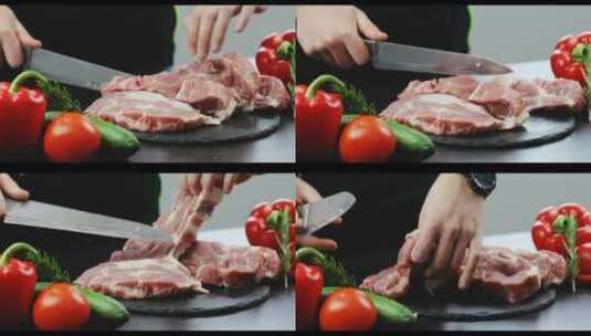 用刀切割牛肉的厨师高清在线视频素材下载