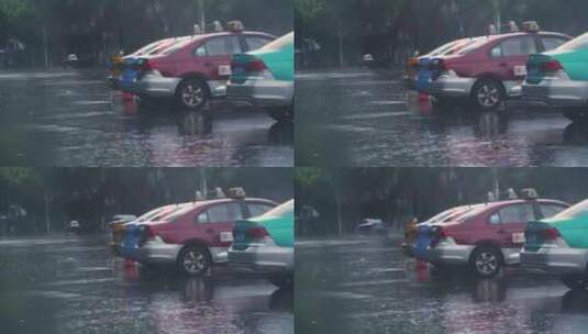 雨中的出租车等客接客的士道路边下雨雨天高清在线视频素材下载