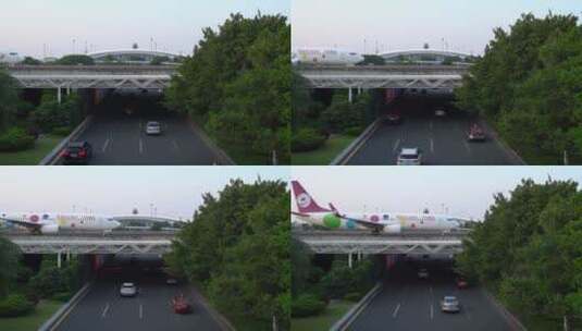 白云机场，飞机在高架桥上的跑道上滑行起飞高清在线视频素材下载