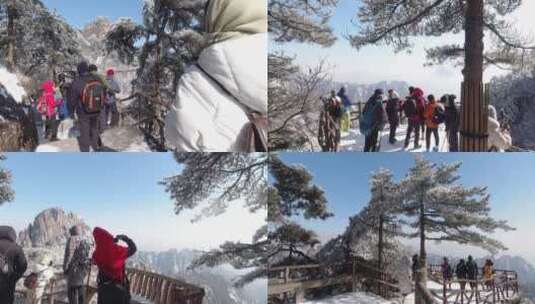 合集 黄山冬季雾凇雪景大量游客登山赏雪高清在线视频素材下载