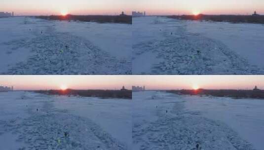 哈尔滨冬季松花江日落航拍高清在线视频素材下载