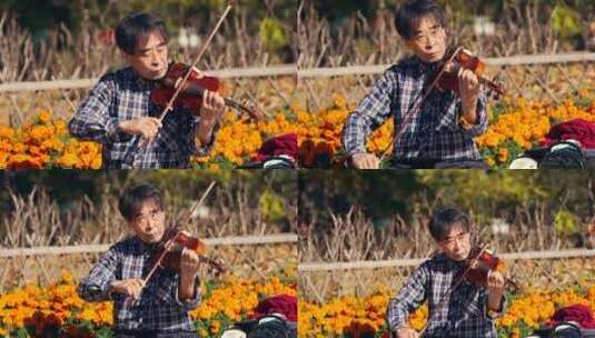 中老年退休生活深秋在公园拉小提琴的老人高清在线视频素材下载